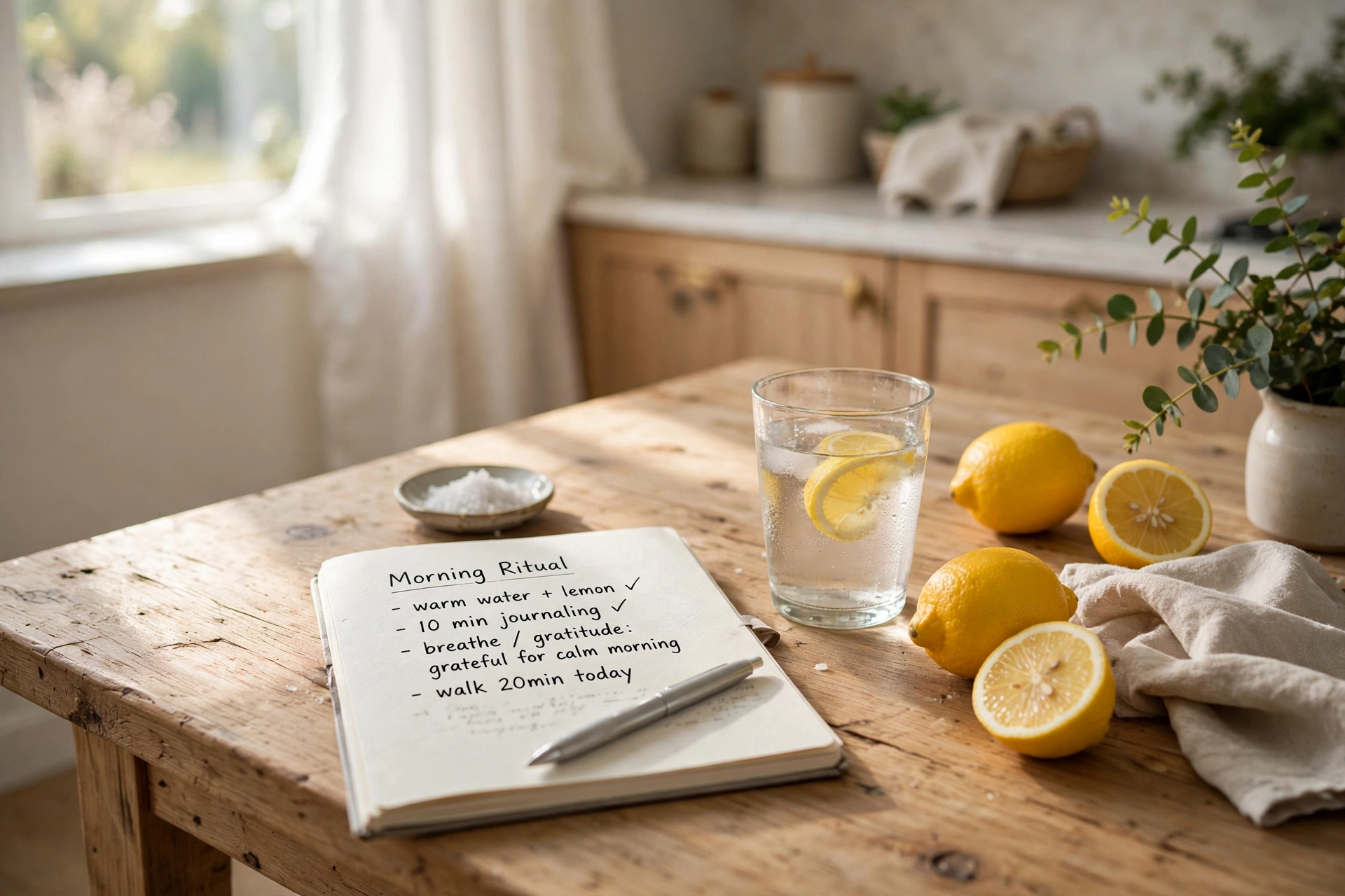 Morning water and lemon on wood table with journal