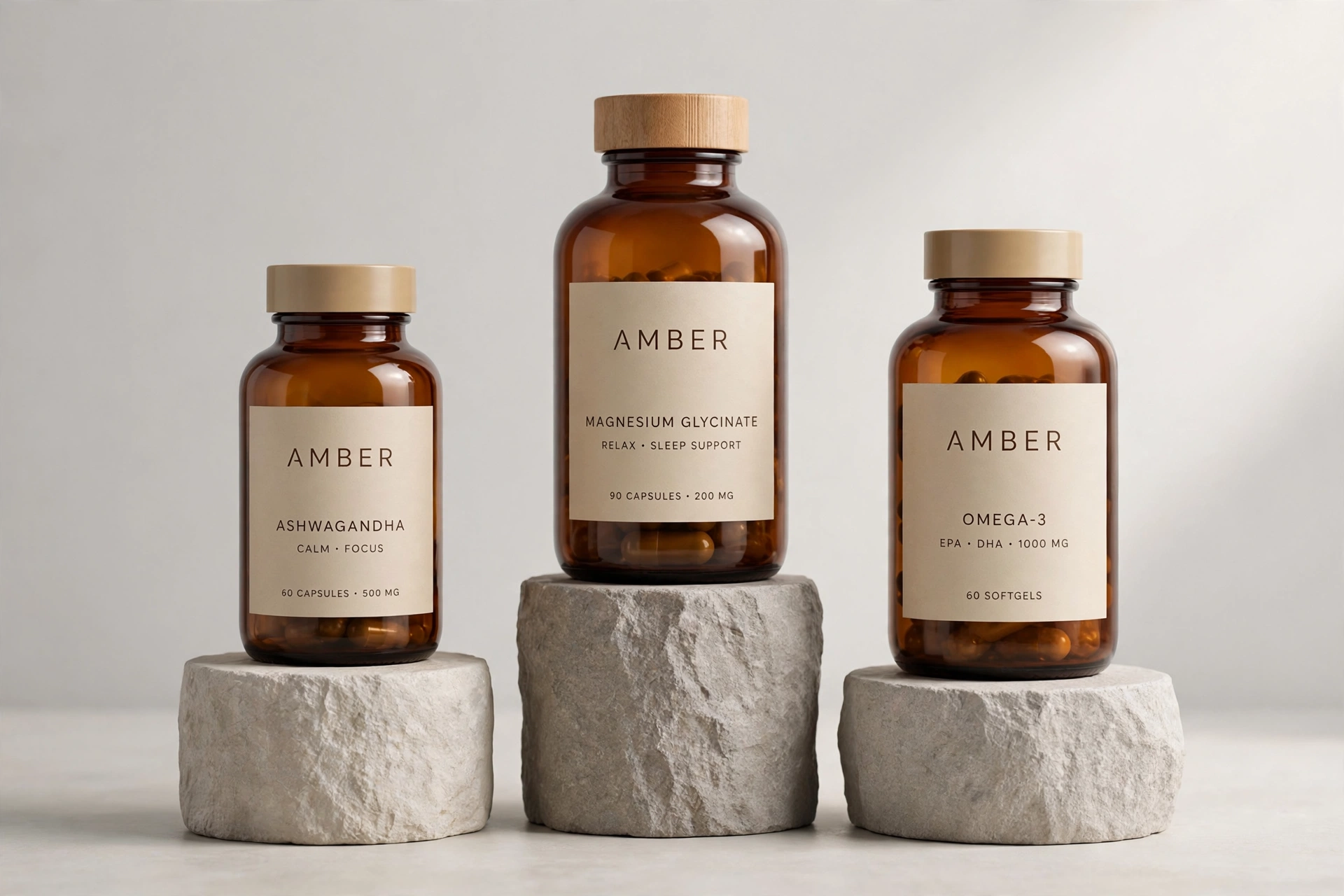 Amber bottles on travertine stone