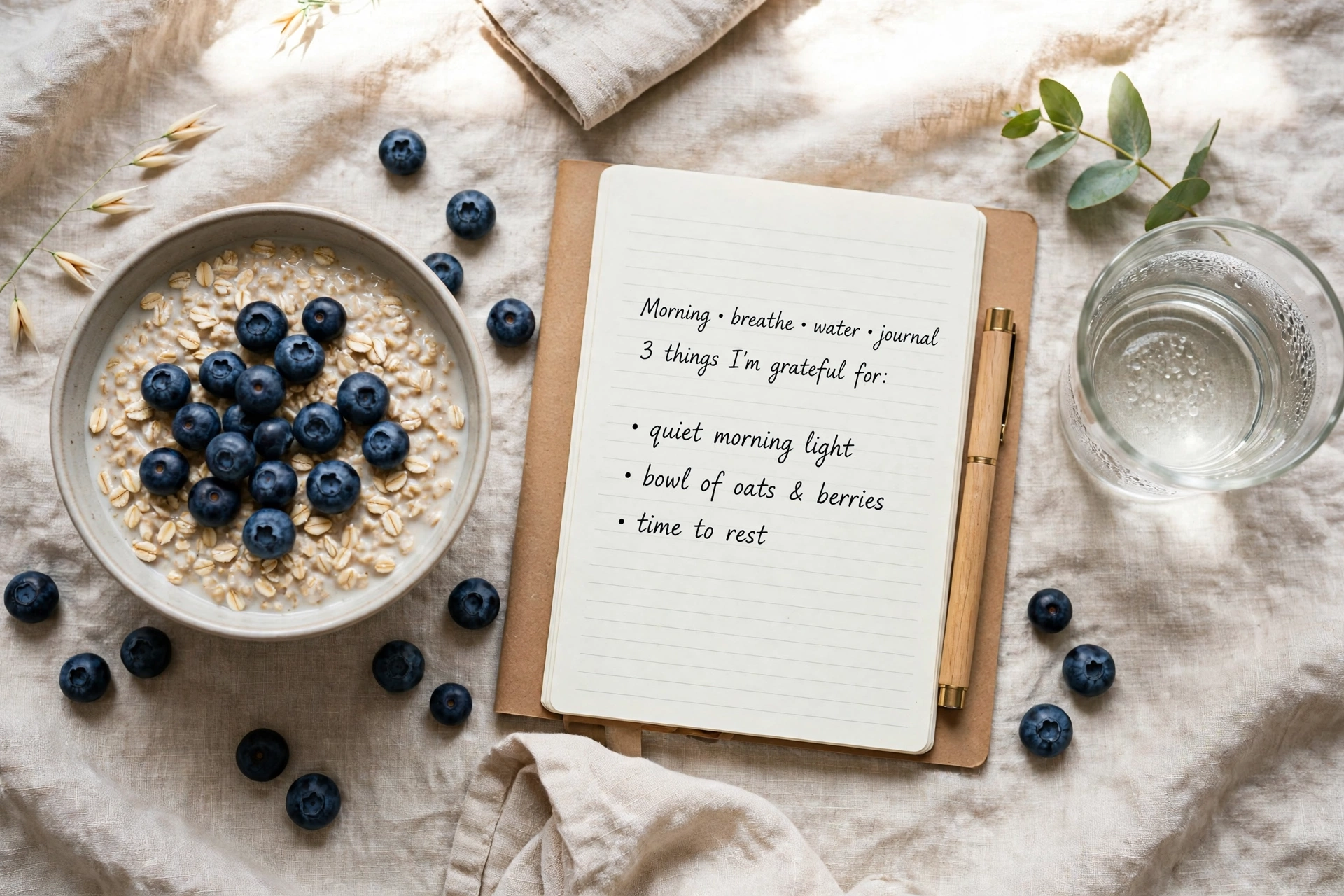 Yogurt bowl with blueberries and morning journal