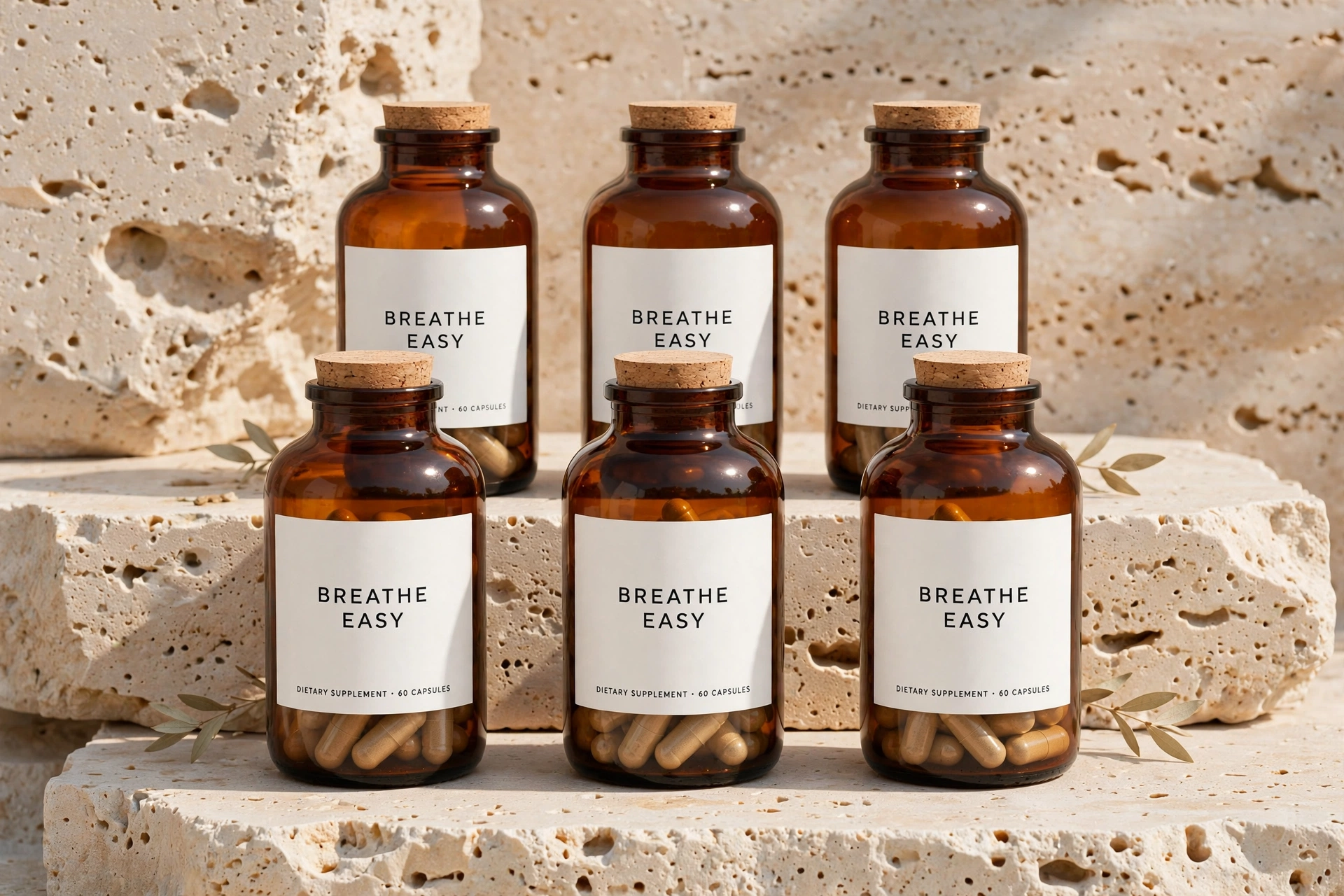 Six bottles of Breathe Easy dietary supplement on stone - adults 18 plus only